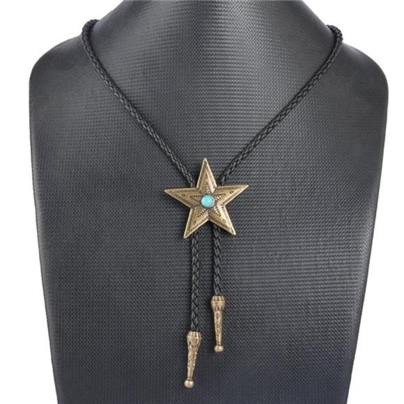 Mens Bolo Tie Cowboy Necklace Leather Necktie Western Cowboy Necklace - Star - Picture 3 of 7